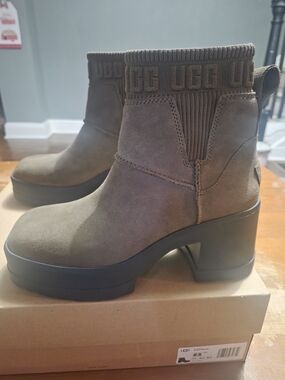 UGG Olive/Brown Suede Platform Ankle Boots 9.5 Moxy CHELSEA Worn 1 Time!